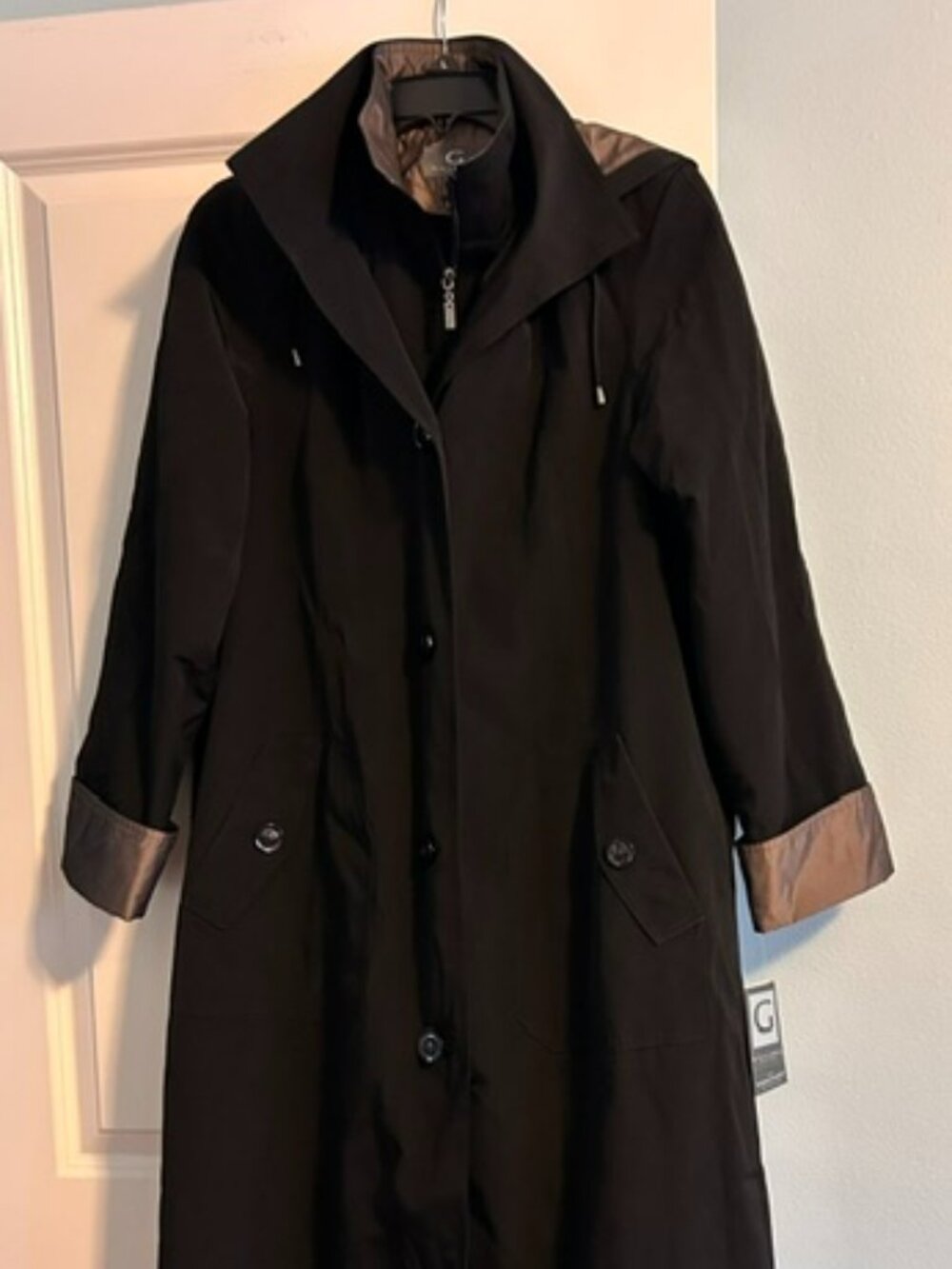 NWT Gallery Black Trench Raincoat, Liner, Hood, Size Small
